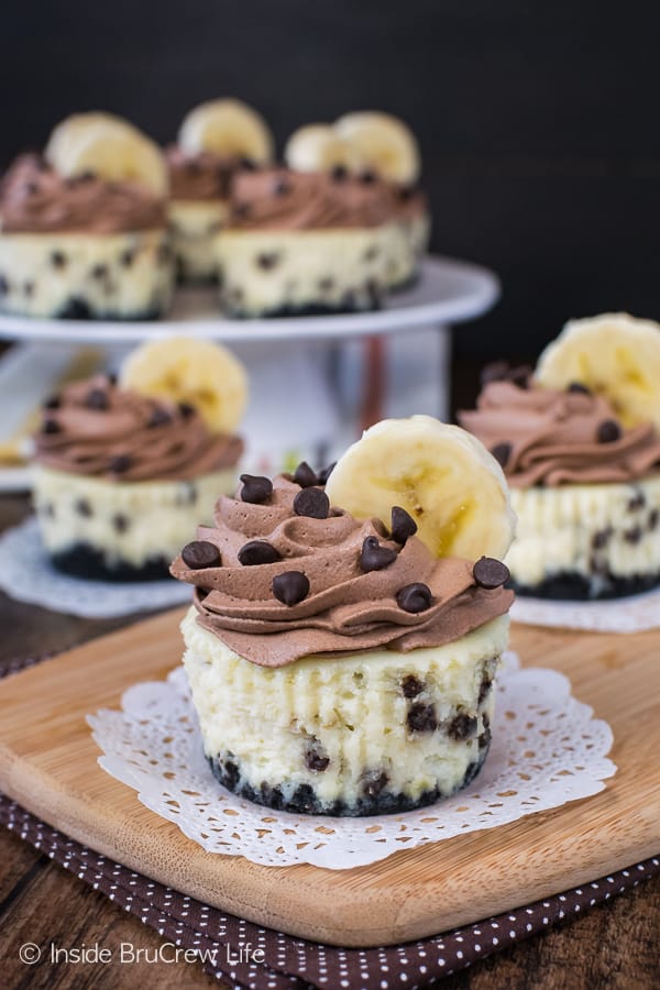 Banana Chocolate Chip Cheesecakes - homemade chocolate whipped cream and banana cheesecake loaded with chocolate chips makes an awesome dessert. Make this easy recipe for parties or fall bake sales.
