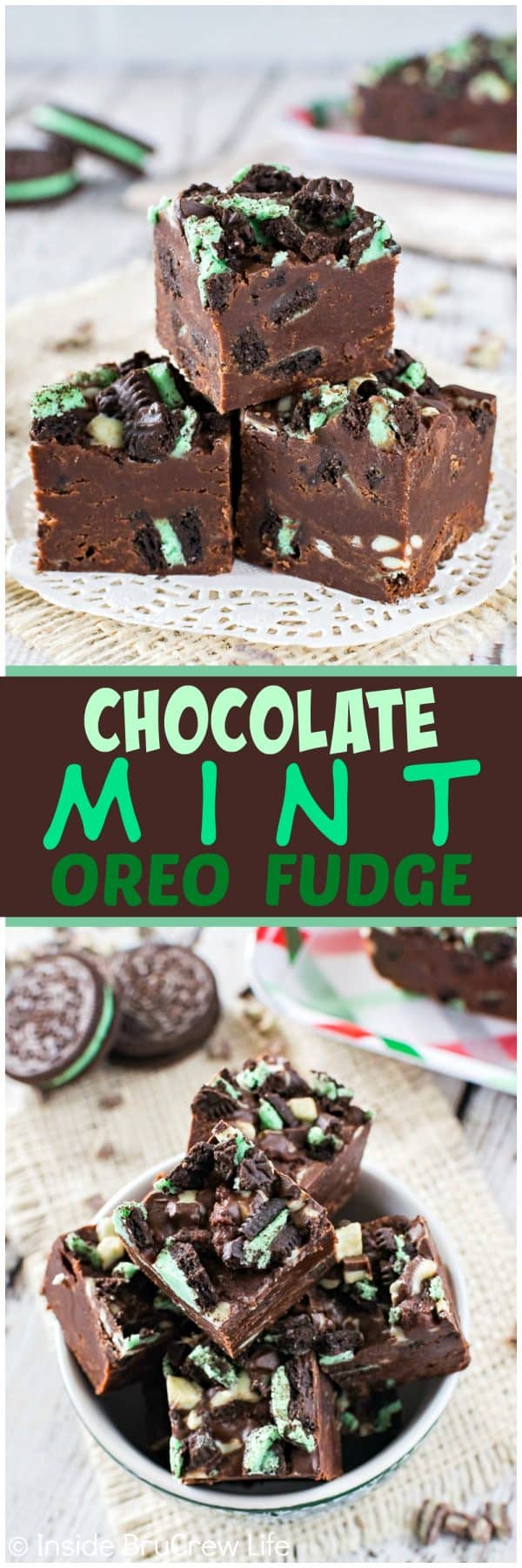 2 pictures of chocolate fudge loaded with green mint cookies and mint chips separated by a text box.