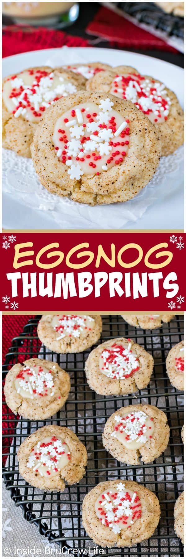 2 pictures of Eggnog Thumbprints divided by a red text box.