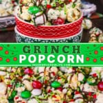 Pinterest image for Grinch popcorn.
