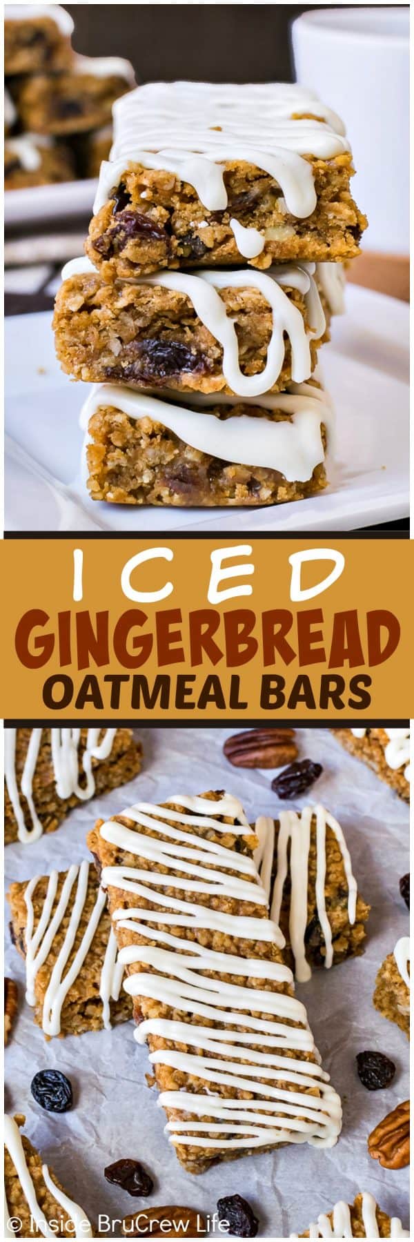 Two pictures of iced gingerbread oatmeal bars collaged together with a yellow text box