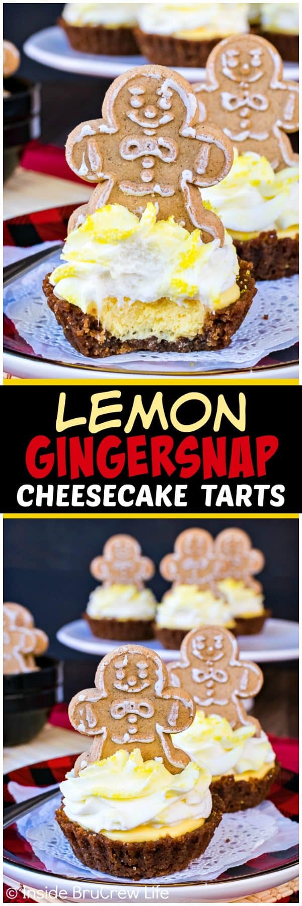 2 pictures of Lemon Gingersnap Cheesecake Tarts separated with a text box.