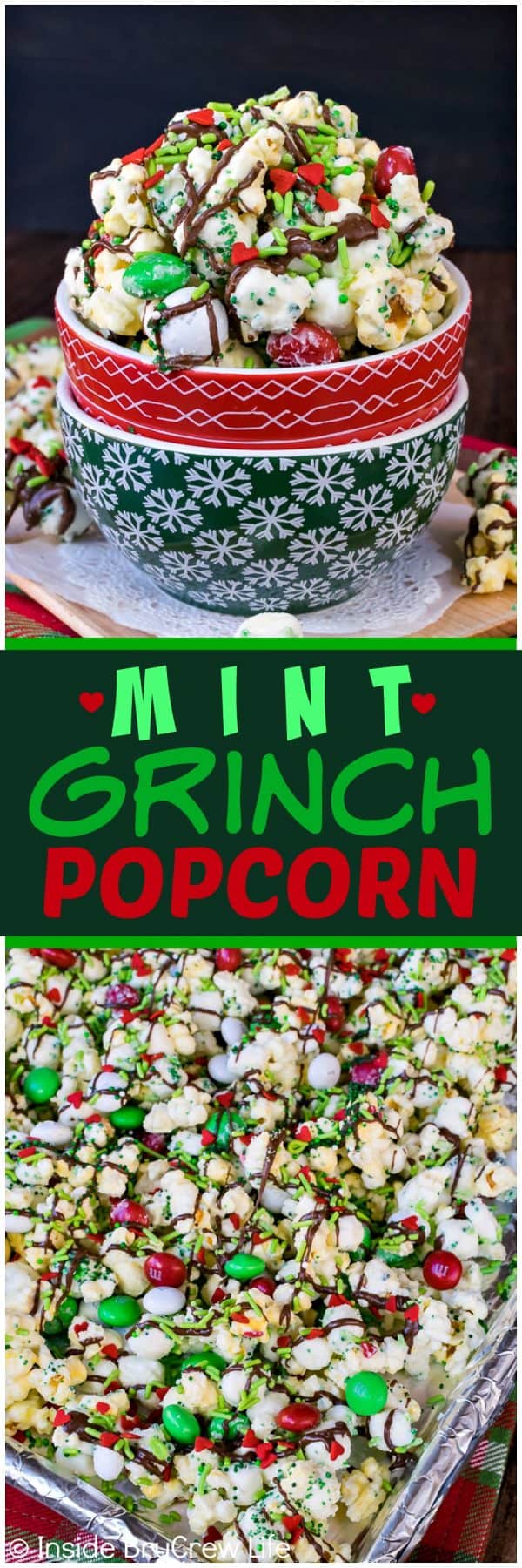 2 pictures of Mint Grinch Popcorn divided by a black text box with the words mint grinch popcorn.