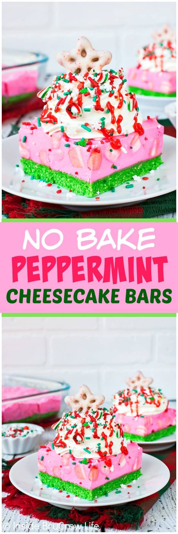 2 pictures of No Bake Peppermint Cheesecake Bars separated by a pink text box.