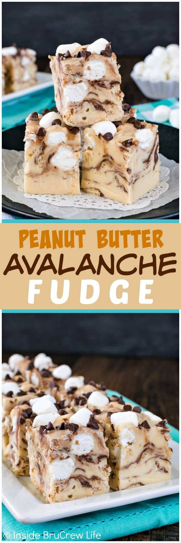 Peanut Butter Avalanche Fudge - this creamy no bake peanut butter fudge is loaded with chocolate, marshmallows, and cereal. Easy recipe to make for holiday parties and cookie exchanges!