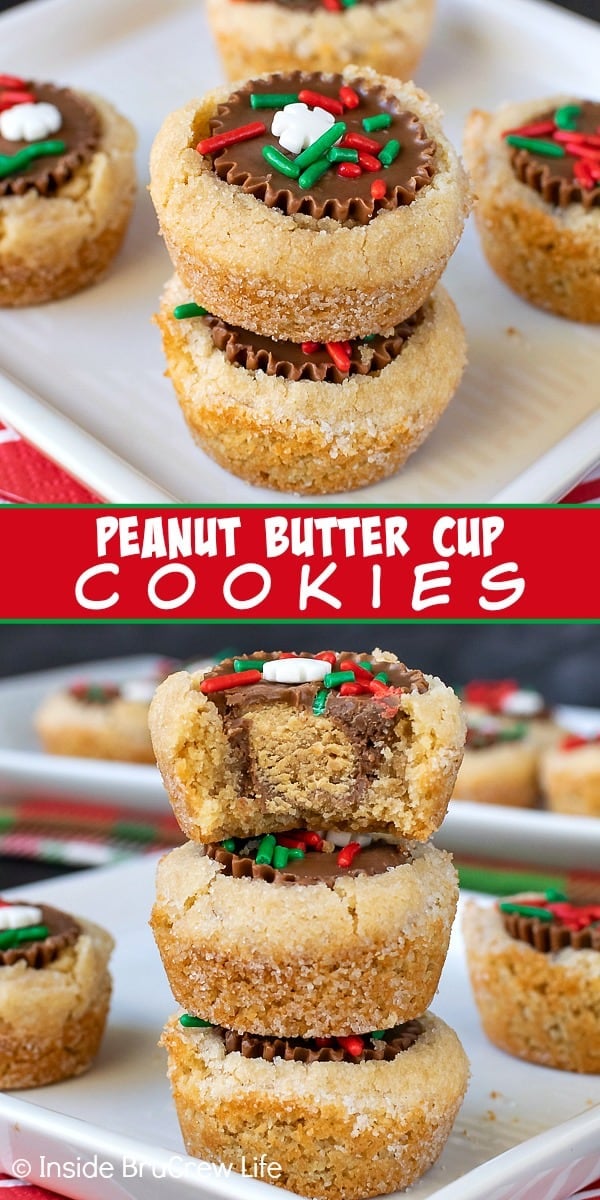 Two pictures of peanut butter cup cookies collaged together with a red text box.