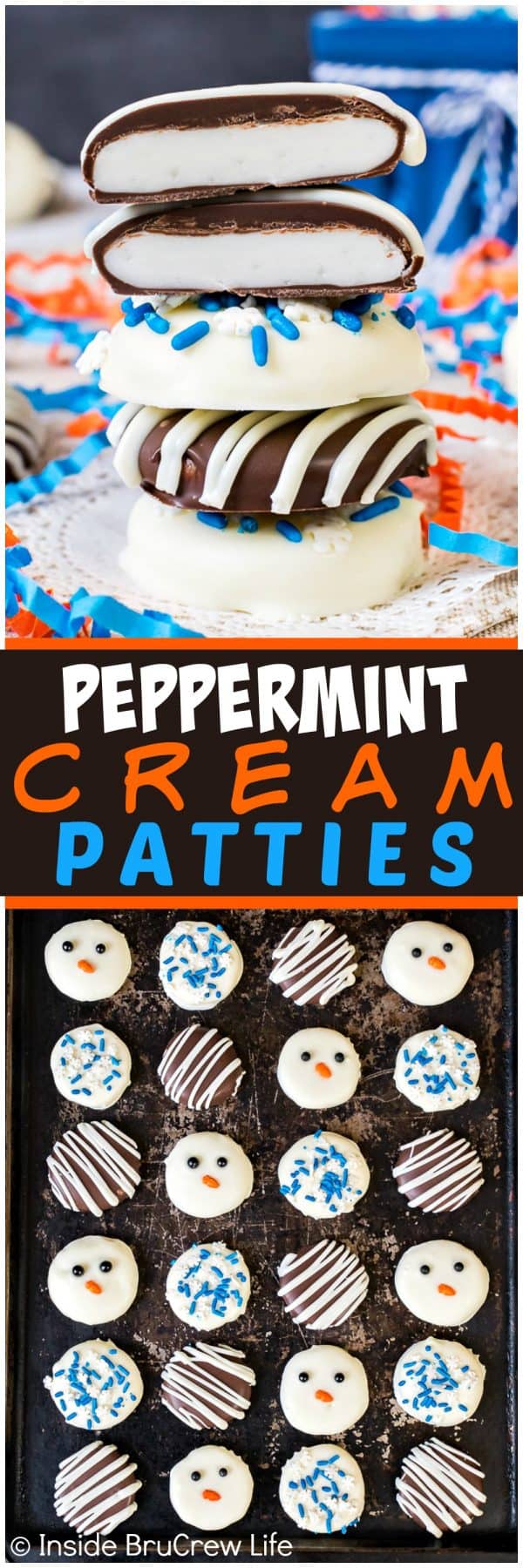 Two pictures of peppermint cream patties collaged together with a black text box.