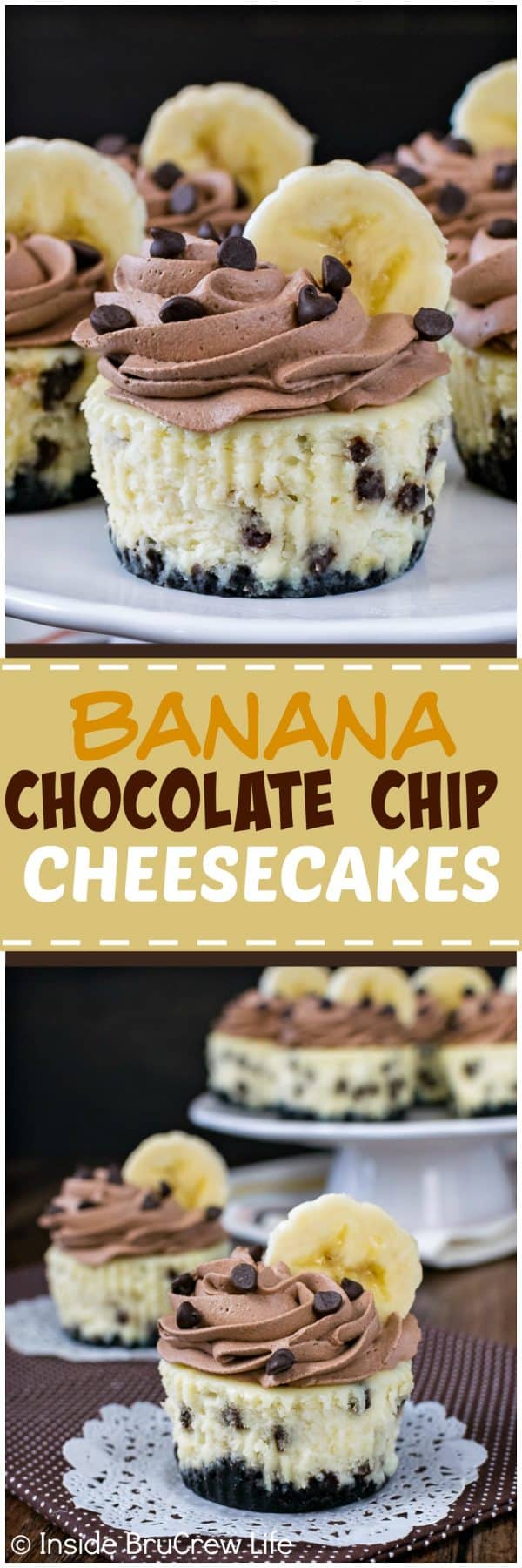 Banana Chocolate Chip Cheesecakes - these little cheesecake cupcakes are full of real banana flavor and lots of chocolate chips. Homemade chocolate whipped cream with fresh banana slices makes them so pretty and delicious. Easy recipe to make for parties and bake sales.