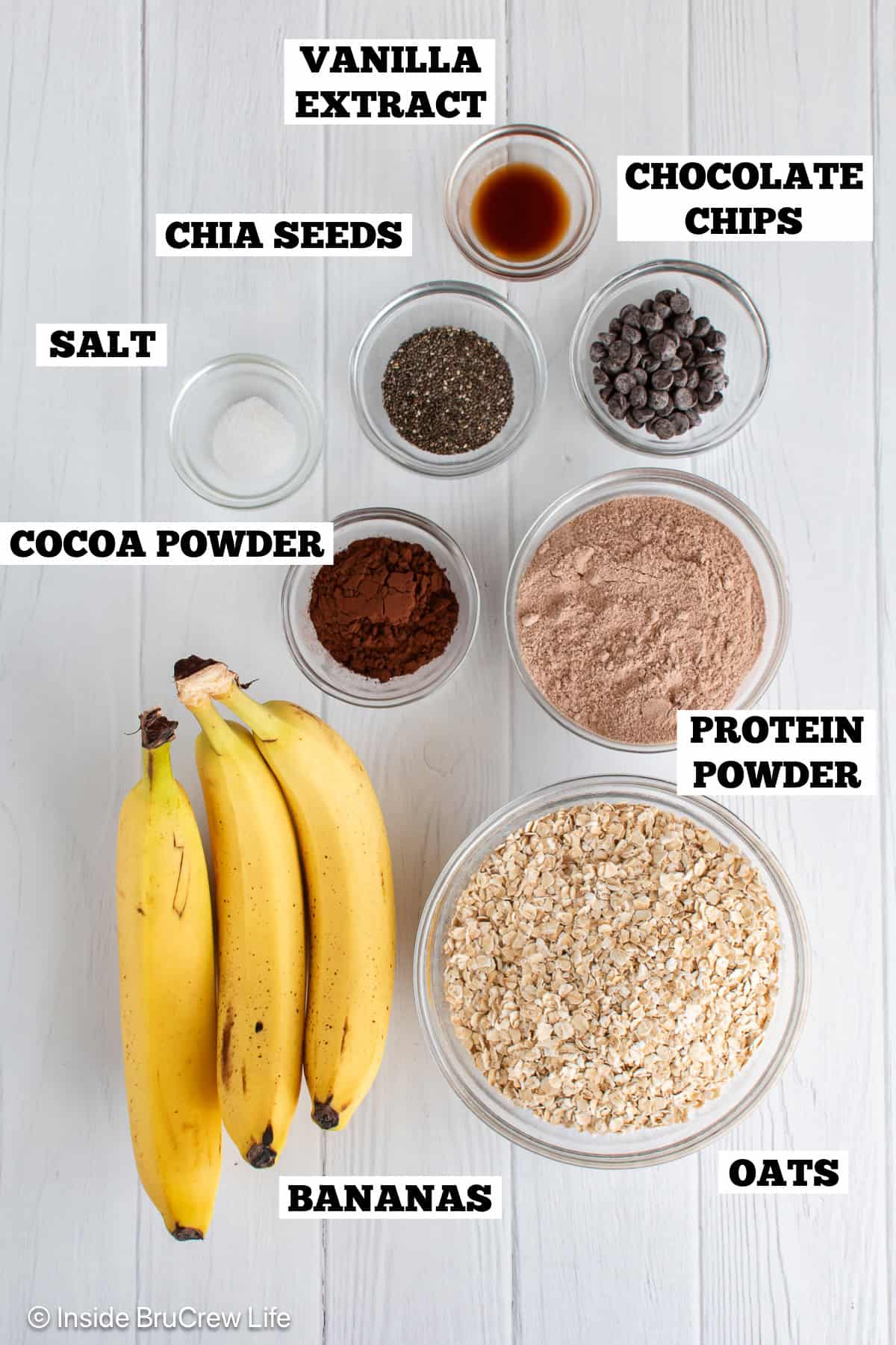 Banana Chocolate Protein Cookies ingredients with text box overlays.