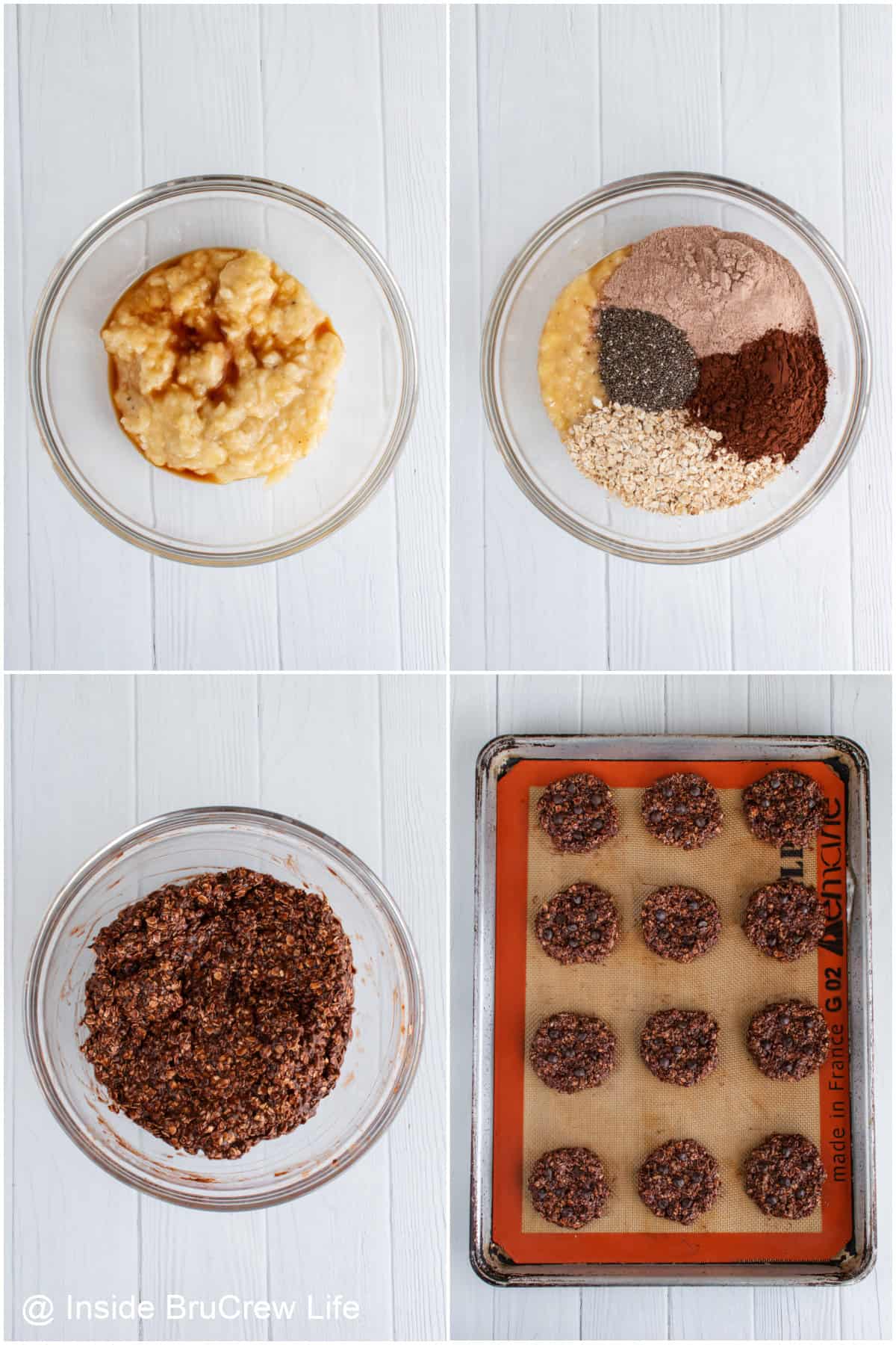 Step-by-step photos showing how to make banana chocolate protein cookies.