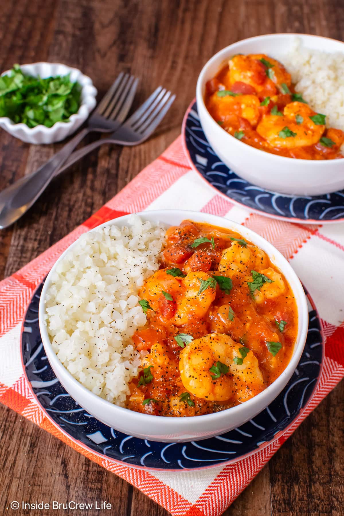 Two bowls filled with white rice and red curry shrimp.