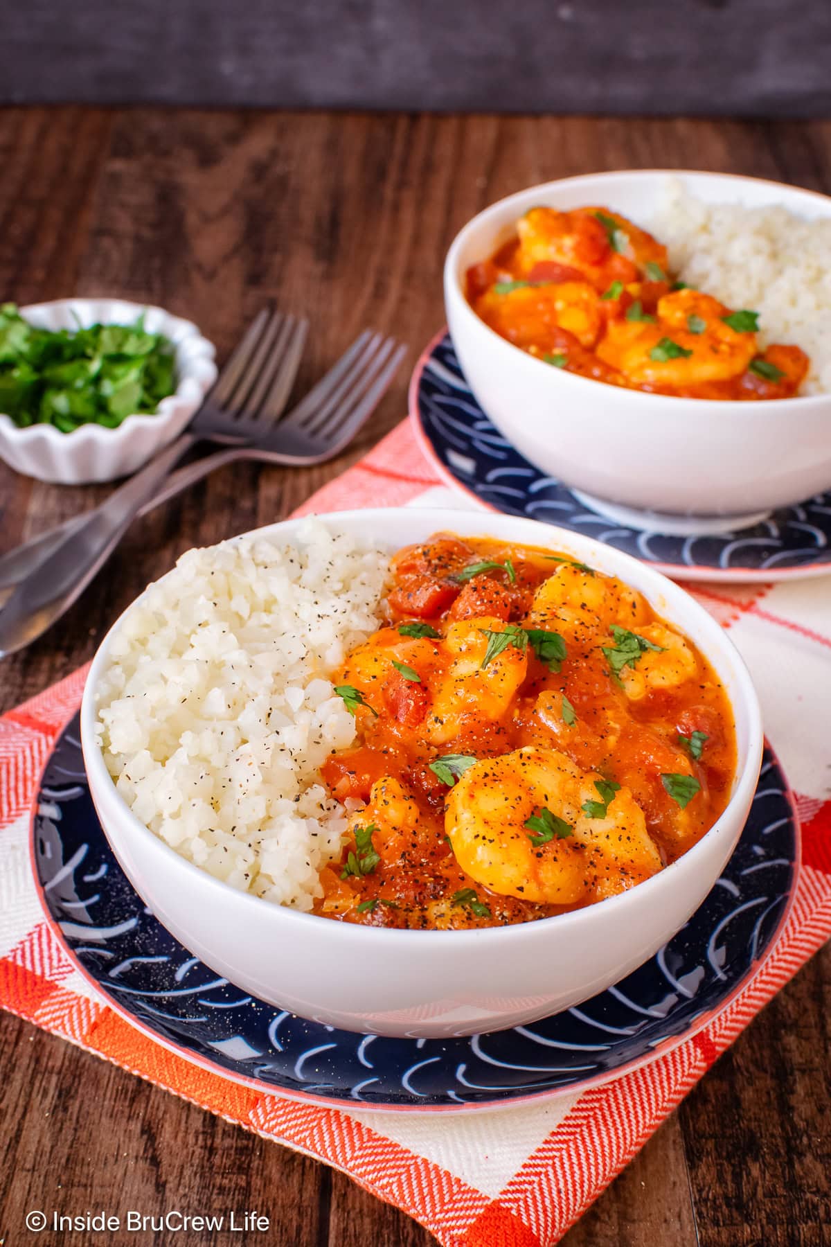 Bowls of coconut curry shrimp and rice on a table top.