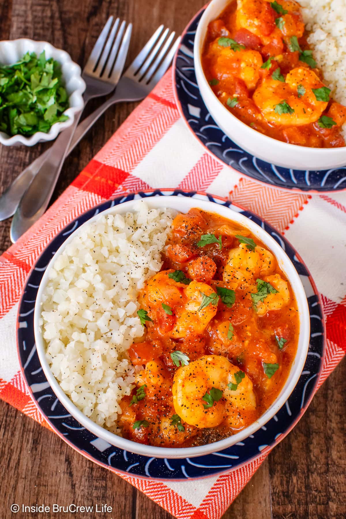 An overhead picture of coconut shrimp curry in bowls.