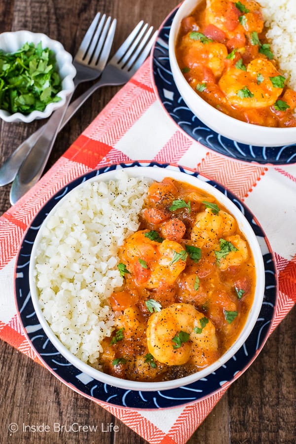 Coconut Curry Shrimp - serve this easy shrimp and veggie sauce over cauliflower rice. Easy recipe to make when you are eating healthy.