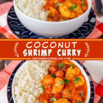 Two pictures of coconut shrimp curry collaged with an orange text box.