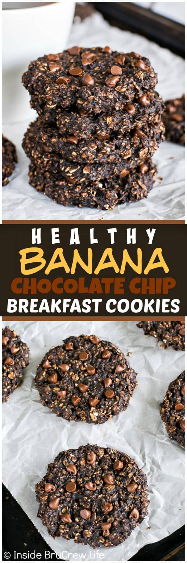 Two pictures of healthy banana chocolate chip breakfast cookies collaged together with a brown text box