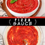 Two pictures of homemade pizza sauce collaged together with a black text box.