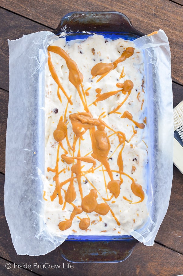 Freeze this Peanut Butter Banana Ice Cream in a loaf pan lined with parchment or wax paper. Drizzles of peanut butter add a great taste to this easy ice cream recipe.