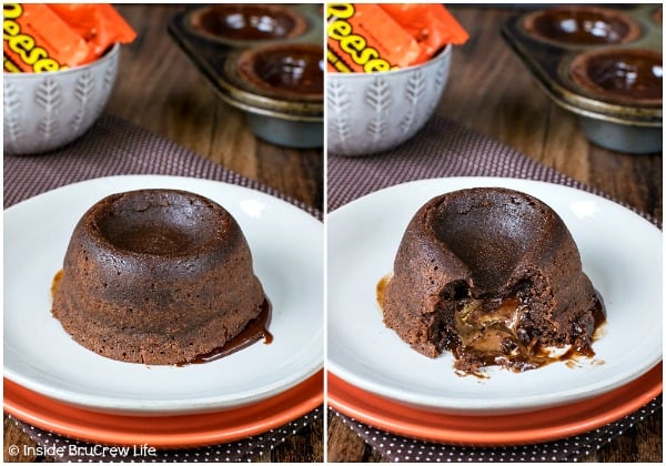 2 pictures of a personal sized cake with a melted Reese's inside of it.