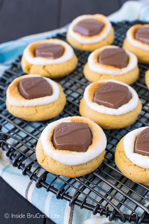 Peanut Butter Fluffernutter Cookies - chocolate candy bars and toasted marshmallows add a fun flair and texture to these soft peanut butter cookies. Easy recipe to make for after school snacks or cookie jars.