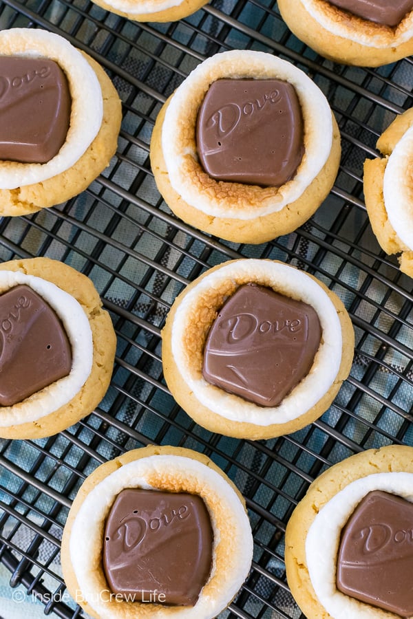 Peanut Butter Fluffernutter Cookies - toasted marshmallows and candy bars add a fun topping to these easy peanut butter cookies. Great recipe for after school snacks or cookie jars.