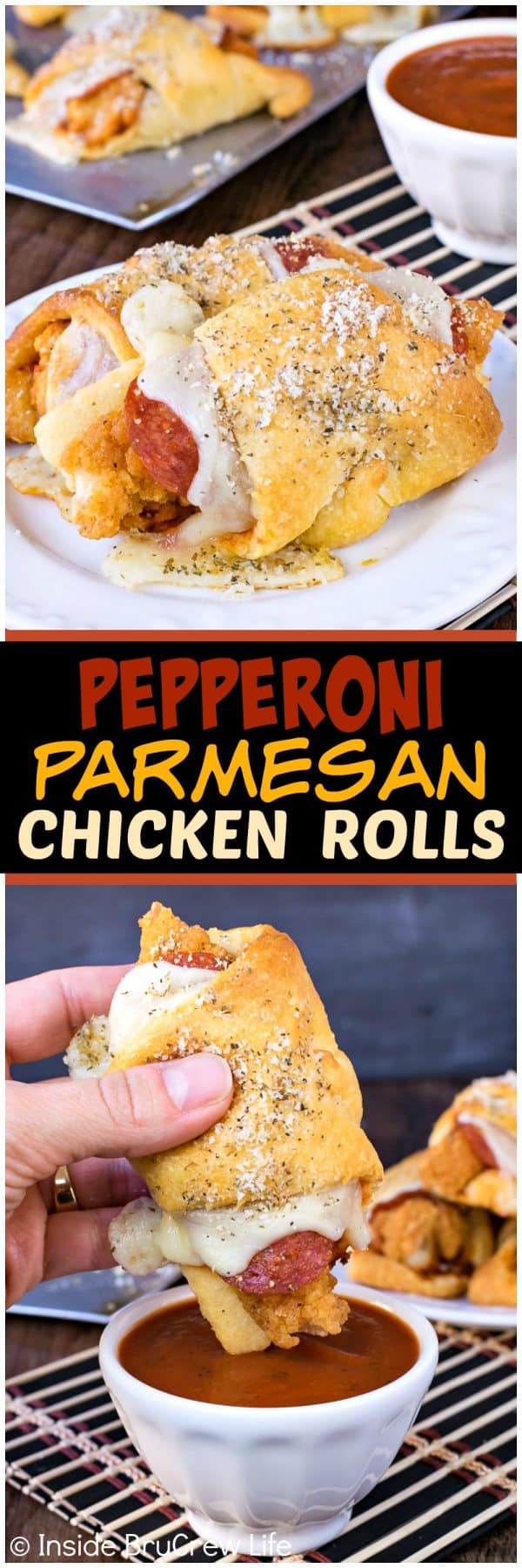 2 pictures of chicken rolls divided by a text box.