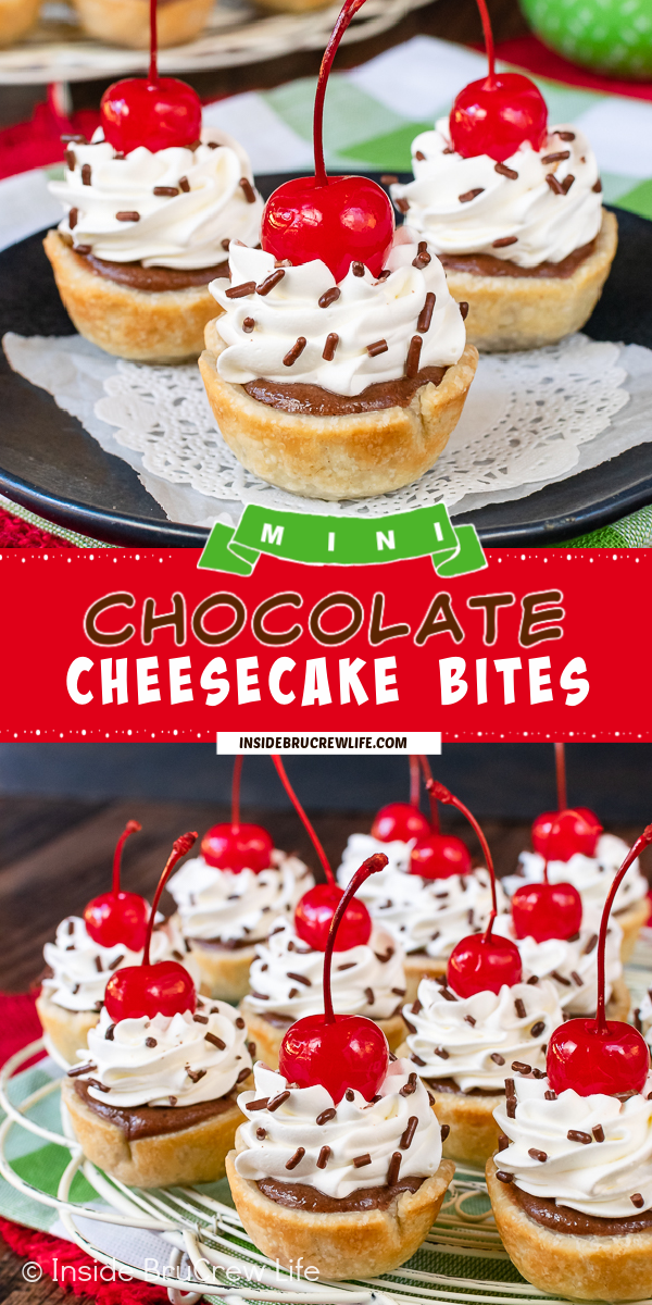 Two pictures of Chocolate Cheesecake Pie Bites collaged together with a red text box.