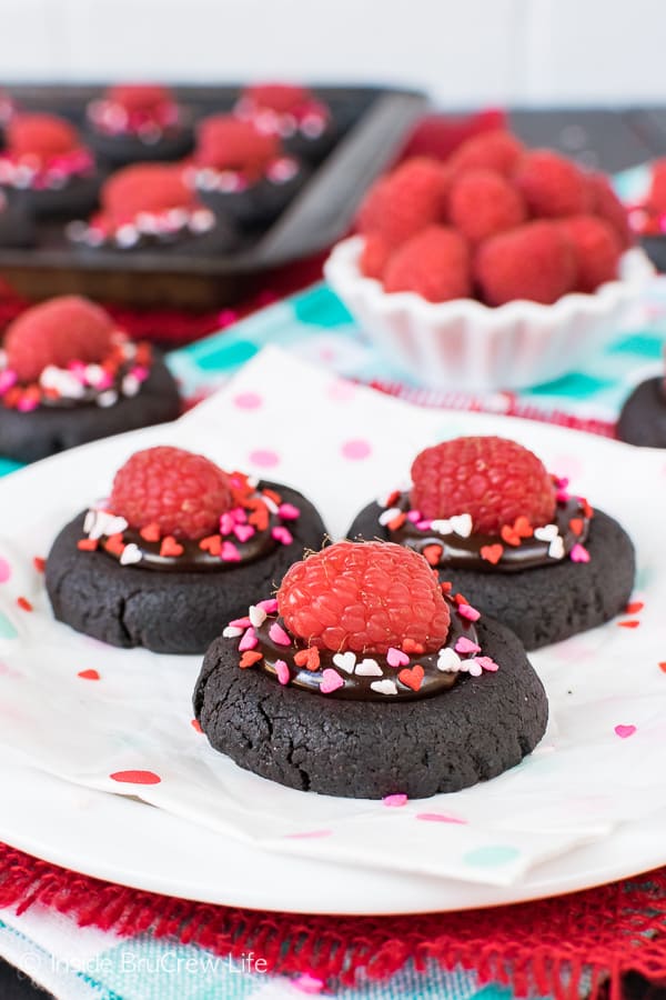 Dark chocolate cookie with dark chocolate frosting topped with sprinkles and a fresh raspberry on a white plate.