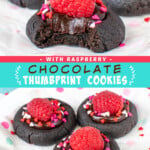 Two pictures of chocolate thumbprint cookies with a teal text box.