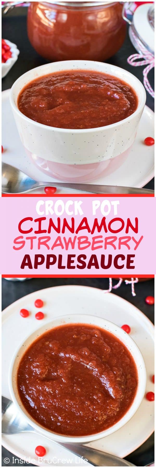 Crock Pot Cinnamon Strawberry Applesauce - this homemade applesauce is made with apples, strawberries, and cinnamon candies. Easy recipe to make when you have extra apples! #apple #cinnamon #redhots #crockpot #recipe #applesauce #strawberry #homemade #easy