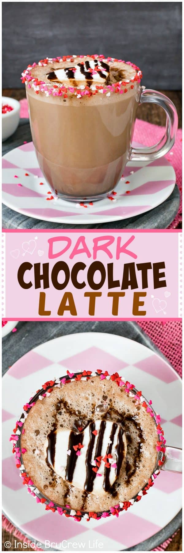Dark Chocolate Latte - a rim of sprinkles and two times the chocolate makes this a delicious coffee drink. Easy recipe to make at home to save money. #coffee #chocolate #latte #drink #homemade #coffeeshop 