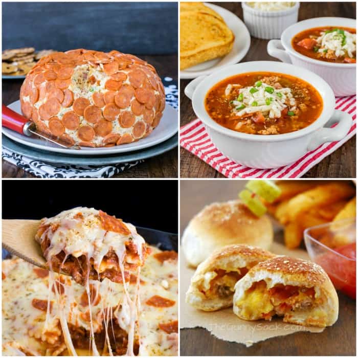4 pictures of pizza inspired recipes collaged together.