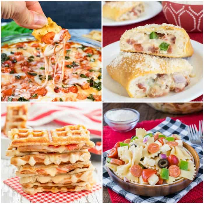 4 pictures of pizza inspired recipes collaged together.