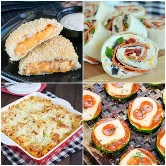 4 pictures of pizza inspired recipes collaged together.