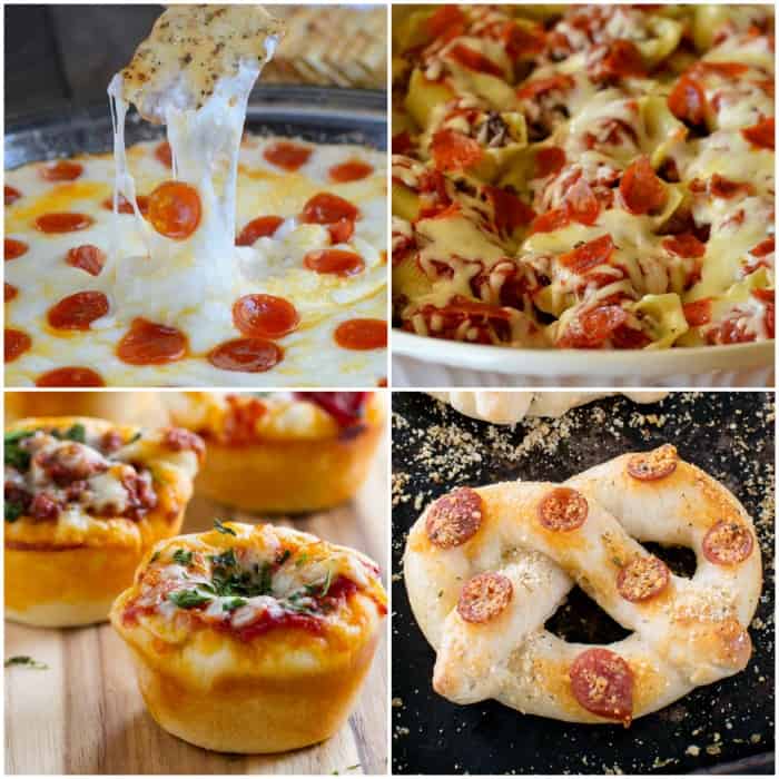 4 pictures of pizza inspired recipes collaged together.