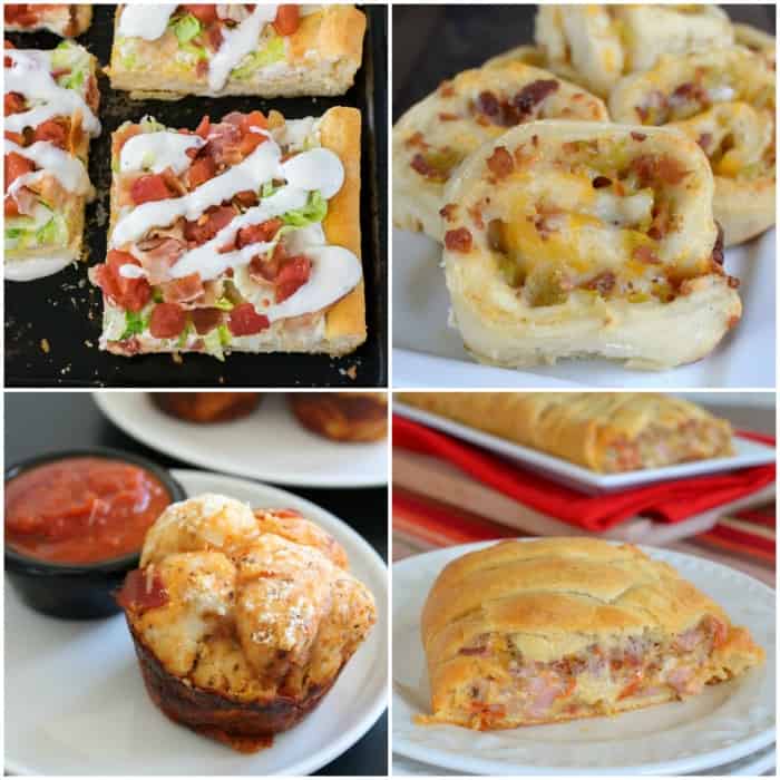 4 pictures of pizza inspired recipes collaged together.