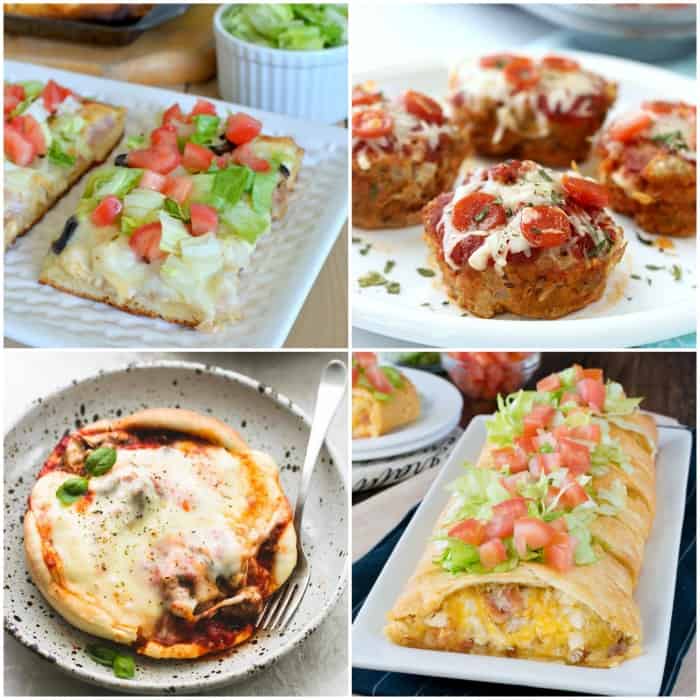 4 pictures of pizza inspired recipes collaged together.