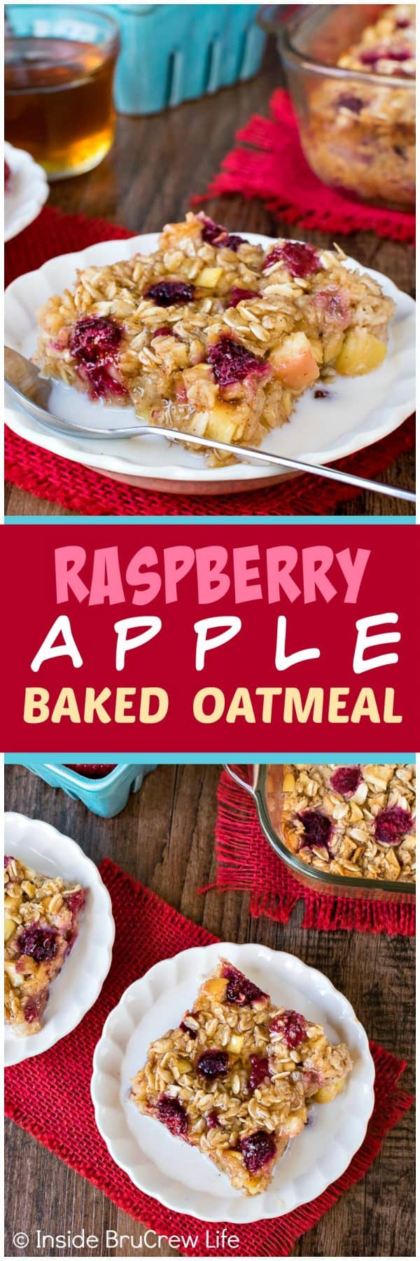 Raspberry Apple Baked Oatmeal - make a pan of baked oatmeal loaded with fruit and honey for an easy breakfast choice. Great recipe to make ahead of time for busy mornings! #oatmeal #apple #raspberry #bakedoatmeal #easy #recipe #breakfast 