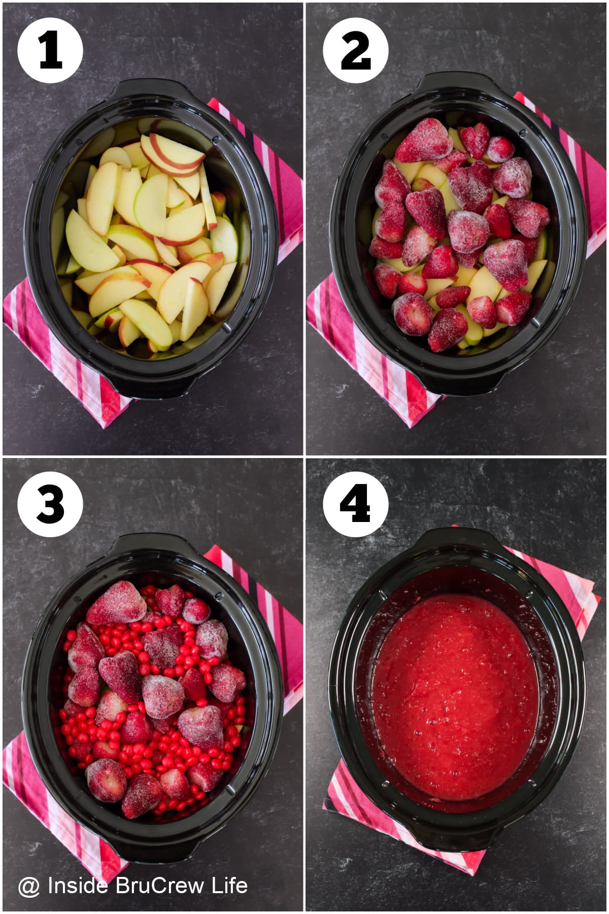 Four pictures collaged together showing how to make crock pot applesauce.