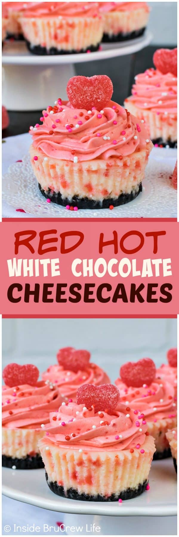 Two pictures of red hot white chocolate cheesecake collaged together with a pink text box