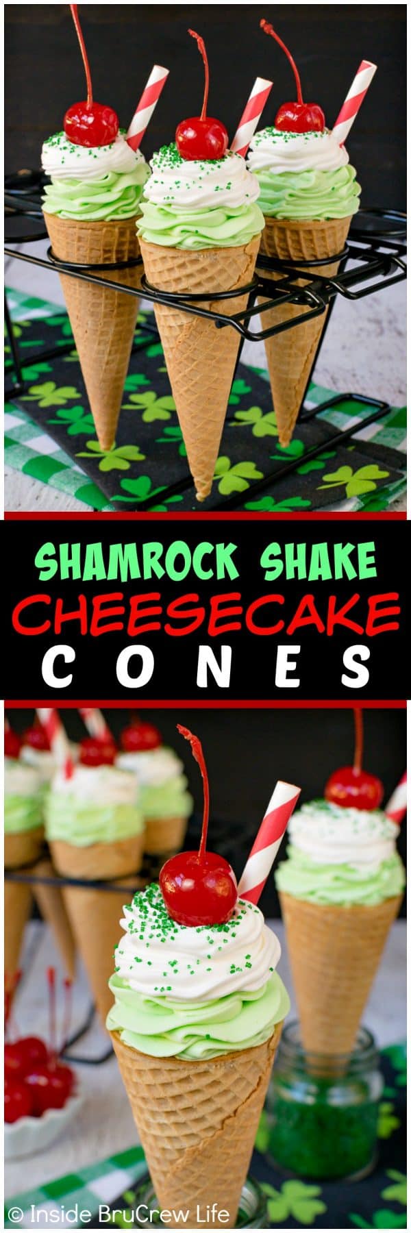 2 pictures of sugar cones stuffed with shamrock shake cheesecake filling.