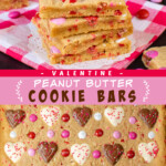 Two pictures of peanut butter cookie bars with a pink text box.