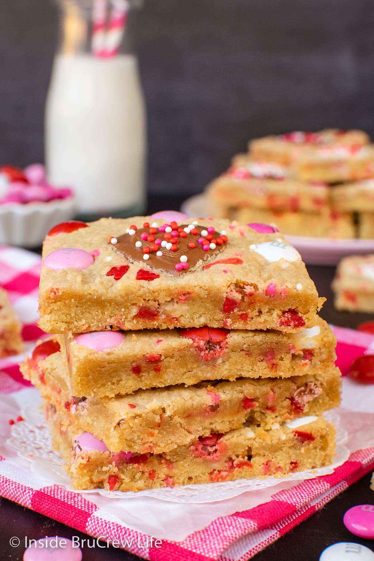 A stack of Valentine peanut butter bars with Reese's.