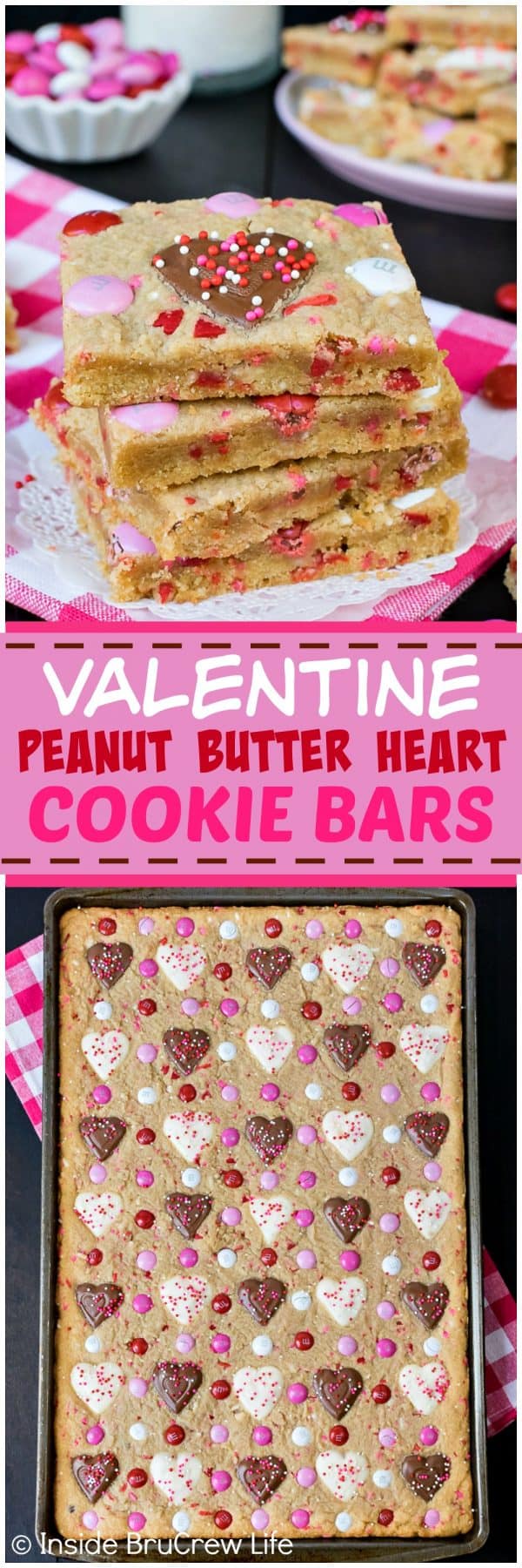 2 pictures of peanut butter cookie bars separated by a pink text box.