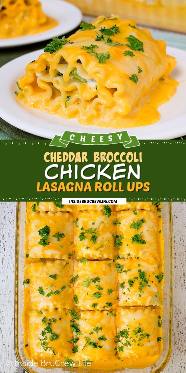 Two pictures of cheesy cheddar broccoli chicken roll ups collaged together with a green text box.