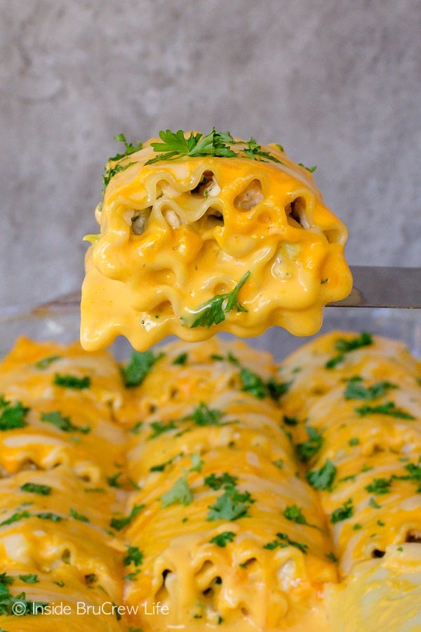 A spatula lifting a cheesy chicken lasagna roll up out of a pan of rolls.