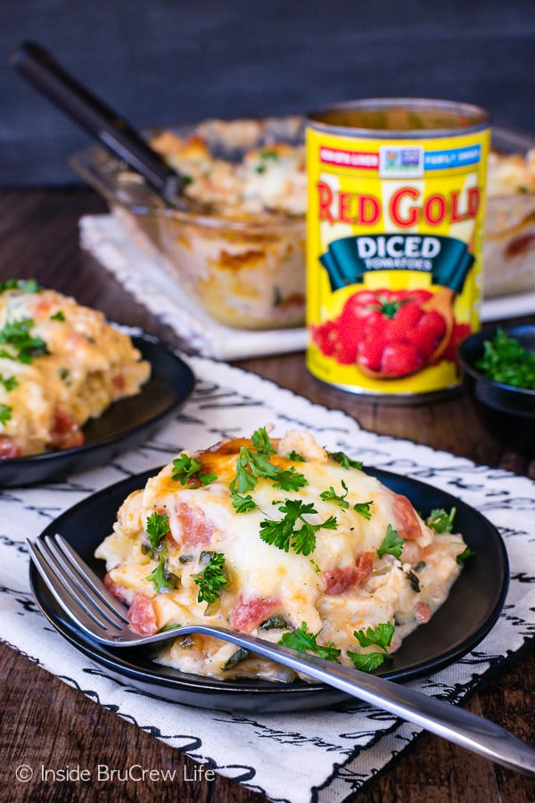 Chicken Alfredo Ravioli Lasagna - this easy comfort food dinner is loaded with cheesy pasta, tomatoes, and chicken Alfredo. Great recipe that the whole family will love! #dinner #pasta #comfortfood #ravioli #chickenalfredo #easymeals #recipes #lasagna 