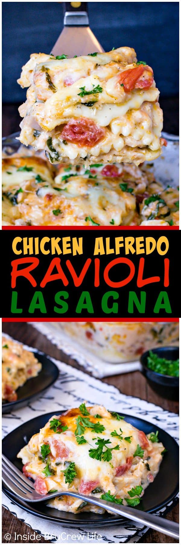 Chicken Alfredo Ravioli Lasagna - layers of cheesy pasta and loaded chicken Alfredo in one pan makes an incredible comfort food meal that the whole family will enjoy. Great recipe to make for busy nights. #dinner #pasta #comfortfood #ravioli #chickenalfredo #easymeals #recipes #lasagna 