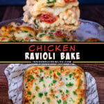 Two pictures of chicken ravioli bake collaged with a black text box.