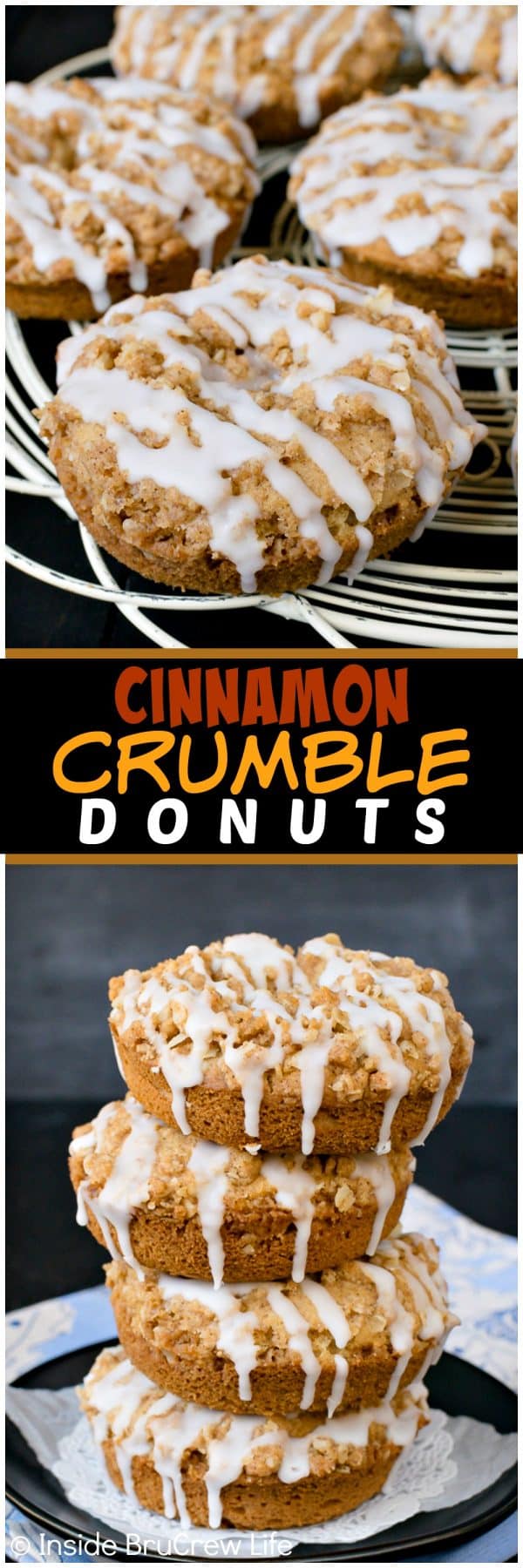 Cinnamon Crumble Donuts - these easy baked donuts are loaded with spices and streusel. The drizzle of glaze makes them absolutely irresistible and delicious. Great recipe to make for breakfast or afternoon coffee breaks. #donuts #cinnamon #homemade #coffeetime #brunch #breakfast #cakedonuts #baked